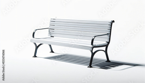 A white park bench with black metal legs and armrests on a completely white background. The bench has horizontal slats for the seat and backrest