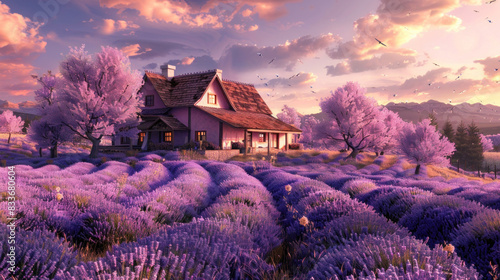 Stunning 3D artwork of a cozy farmhouse set amidst a flourishing lavender field, highlighting the beauty and tranquility of rural life.