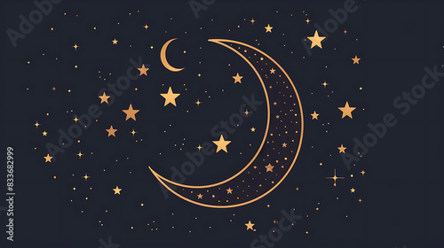 A beautiful night sky with a crescent moon and many stars. The moon is gold and the stars are a light gold. The background is dark blue.