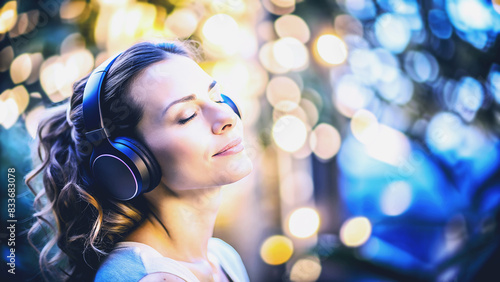 Mujer relajada escuchando música sobre fondo de luces. Chica con auriculares por la calle sobre fondo de luces bokeh.