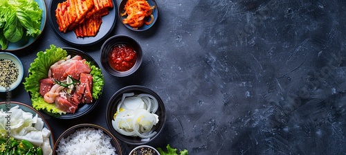 Korean BBQ: A Top-Down View of a Background with Korean BBQ Food