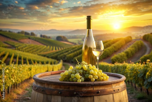 A bottle of white wine and a bunch of ripe grapes on a wooden oak barrel against the background of a vineyard.