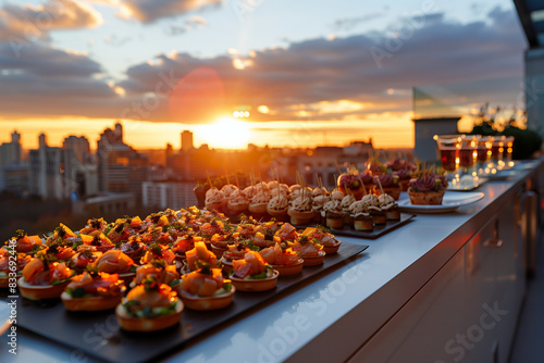 cathering for a luxory event on a top of a skyscraper in the sunset, little fingerfoods and appetizers with salmon caviar 