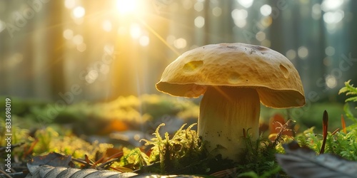 Brown-capped bolete mushroom in a sunlit forest: a charming display of natural beauty and simplicity. Concept Nature Photography, Mushroom Exploration, Forest Adventure, Outdoor Adventures