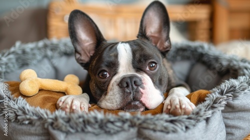 a boston terrier rests on a dog bed with a toy bone, embodying a cute and adorable pet aesthetic
