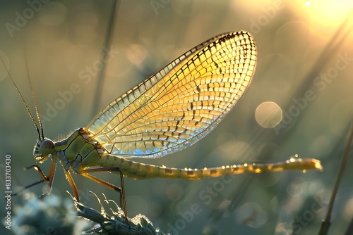 The glistening, translucent wings of a mayfly in the sun