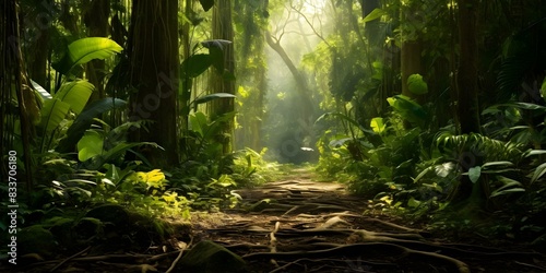 Lush tropical forest with tall trees underbrush and diverse plants Realistic photo. Concept Tropical Forest, Tall Trees, Underbrush, Diverse Plants, Realistic Photo