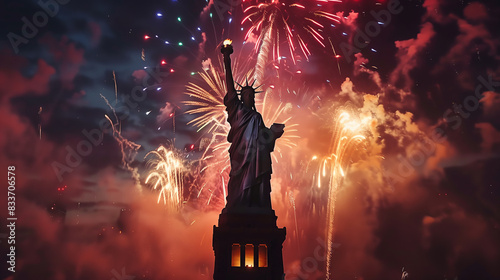 Silhouette of the Statue of Liberty with fireworks in the background. Nighttime celebration photography. Independence Day and patriotic event concept. Design for poster, wallpaper, banner.