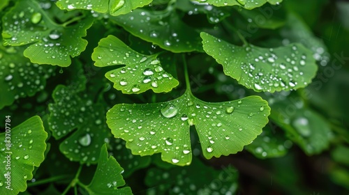 Close up of water droplets on the green leaves of a Ginkgo tree
