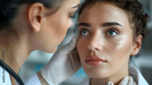 Dermatologist examining patient s skin condition in a photo realistic image showcasing precision and expertise. Perfect for dermatology and healthcare advertisements on a photo sto