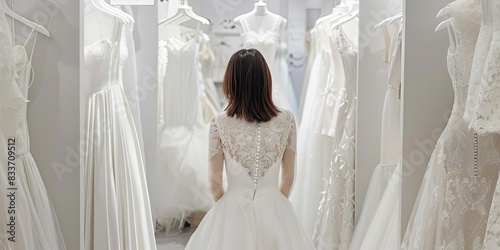 a image of a woman in a wedding dress looking at dresses