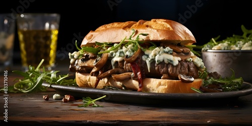 Savor a gourmet bison burger with blue cheese mushrooms spinach and truffle mayo. Concept Bison Burger, Gourmet Cuisine, Blue Cheese, Mushrooms, Spinach, Truffle Mayo