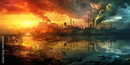 Postapocalyptic world with nuclear pollution and waste water contamination in background. Concept Postapocalyptic World, Nuclear Pollution, Waste Water Contamination, Dystopian Setting