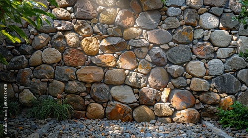 Conglomerate wall with mixed stones, ambient lighting, natural hues, vertical layout,