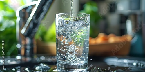 Capturing the Refreshing Moment: Water Flowing from Faucet into Glass. Concept Water Flow Photography, Refreshing Moments, Faucet to Glass, Refreshing Water, Pouring Drink