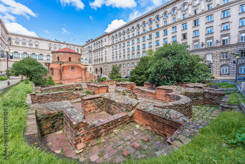 Exterior view of Saint George Rotunda Church, an ancient red brick building in Sofia, Bulgaria's Capital City