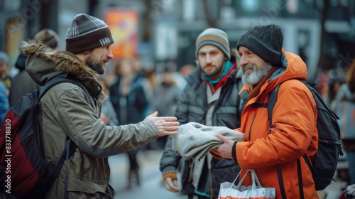 Volunteers handing out blankets and food to homeless people in a city square