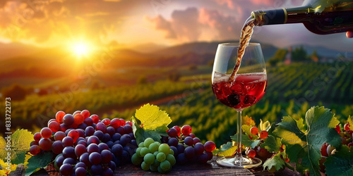 In a serene vineyard scenery at sunset, a wineglass pours red wine amidst the bountiful harvest.