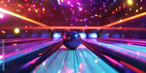 A vibrant, futuristic bowling alley with neon lights and a blue bowling ball in motion. Colorful, dynamic, and energetic scene.