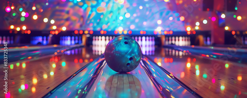 Colorful bowling alley with glowing lights, focusing on a bowling ball ready to roll down the lane towards the pins under a vibrant atmosphere.