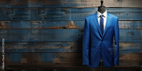 a image of a blue suit and tie on a mannequin