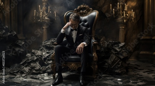 a billionaire sitting on a broken throne, 