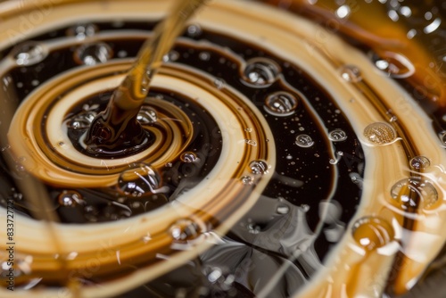 Swirling patterns of brown and tan liquid with air bubbles in macro view