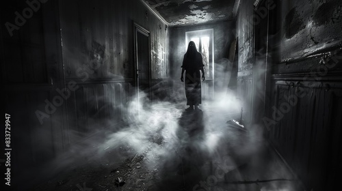 A solitary figure stands in a darkened hallway, shrouded in mist, their presence both menacing and ethereal.