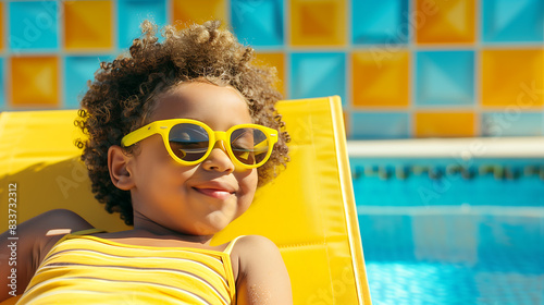 Enfant souriant portant des lunettes de soleil jaunes, allongé sur une chaise longue jaune au bord d'une piscine