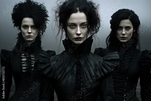 Three enigmatic women with gothic makeup and victorian dresses, exuding an eerie aura against a dark background