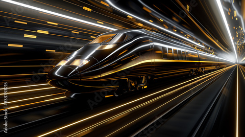 Trem de alta velocidade em ouro preto, desfocado na luz, com um padrão de linha tecnológica ao fundo.