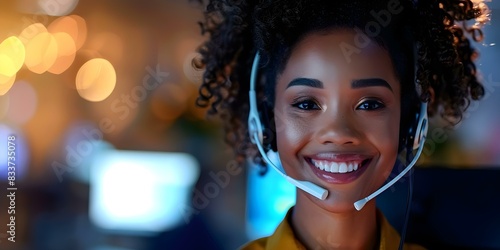Happy Black woman customer service representative assisting customers over the phone. Concept Customer Service, Telephone Support, Black Woman, Happy, Professionalism