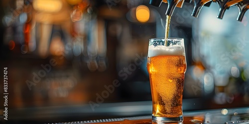 Beer being poured from tap into glass in a bar. Concept Beer, Pouring, Tap, Glass, Bar