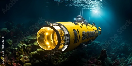 Hightech submarine designed for extreme conditions in subatomic realm. Concept Subatomic engineering, High-tech submarine, Extreme conditions, Innovative design, Nanotechnology