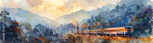 A train travels through a misty mountain valley at sunrise.