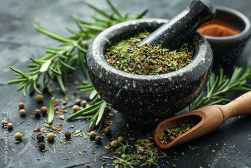 dark background displaying bowl of dried rosemary leaves, mortar, and pestle from above, related to homeopathy and health