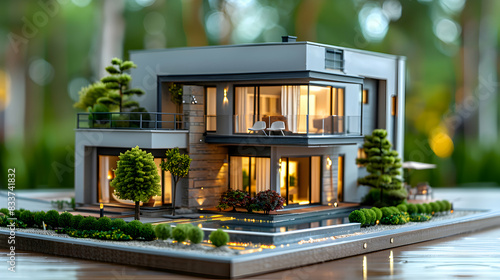 Stunning photo realistic mockup house for sale concept, spotlighting modern design and amenities. Ideal for real estate and marketing ads. Photo Stock Concept.