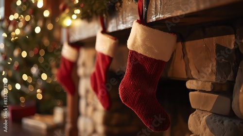 Red Christmas stockings hanging on a fireplace mantel with a decorated tree in the background.