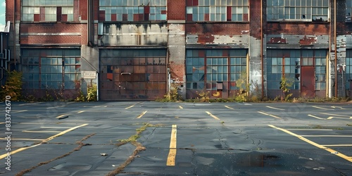 Desolate industrial parking lot in urban setting centered copy space selective focus. Concept Industrial Setting, Urban Environment, Copy Space, Desolate Location, Selective Focus