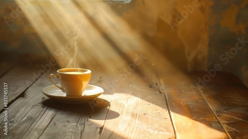 Coffee is positioned on a wooden table under a beam of light