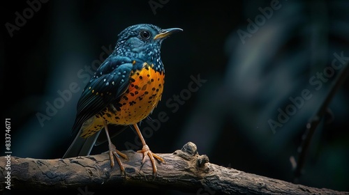 captivating portrait of shama thrush bird perched on branch vibrant plumage against dark background