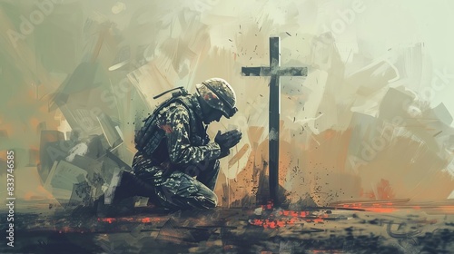 christian soldier praying with cross spiritual warfare concept faith and religion digital painting