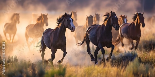 Horse galloping through a dusty field with a blurred background of additional horses. Concept Horse, Galloping, Dusty Field, Blurred Background, Horses