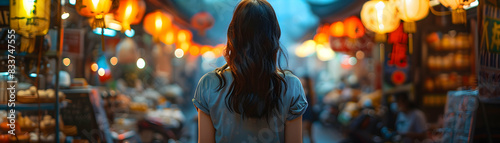 A solo female traveler explores a bustling Asian market, immersing in vibrant culture, food, and crafts. Ideal for solo travel and cultural ads featuring photo realistic scenes of 