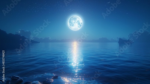 A futuristic nightscape with a reflection of the moon on sea water, large stones, rocks on the shore, shells. Blue abstraction. Rays of meteorites, neon blue light. A nightscape, an island.