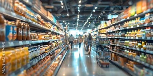 Blurry interior of a busy grocery store with shelves and shoppers. Concept Interior Design, Busy Environment, Grocery Store, Shopping Experience, Blurred Background
