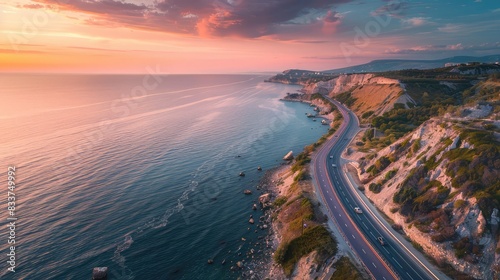 Seaside highway with cliffs and a tranquil atmosphere. Captured in wide-angle, 70mm focus for detailed, vivid scenery.