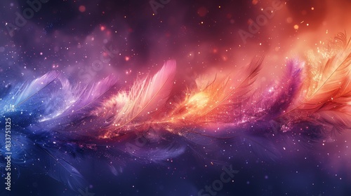 Background of soft and fluffy feathers, pastel colored feathers in blue, purple, and gold.