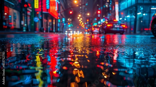 The street was dark at night and the asphalt was wet. The water had neon reflections in it.