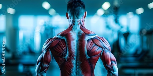 View of human back muscles from behind. Concept Human anatomy, Back muscles, Muscular system, Posterior view, Anatomy illustration